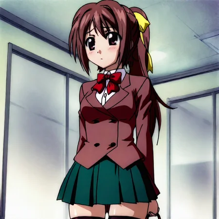 <lora:Sohara_pony_v1:1> Sohara, 1girl, school uniform, brown hair, thighhighs, skirt, blazer, ponytail, jacket, brown eyes, long hair, zettai ryouiki, bow, hair ribbon, cowboy shot