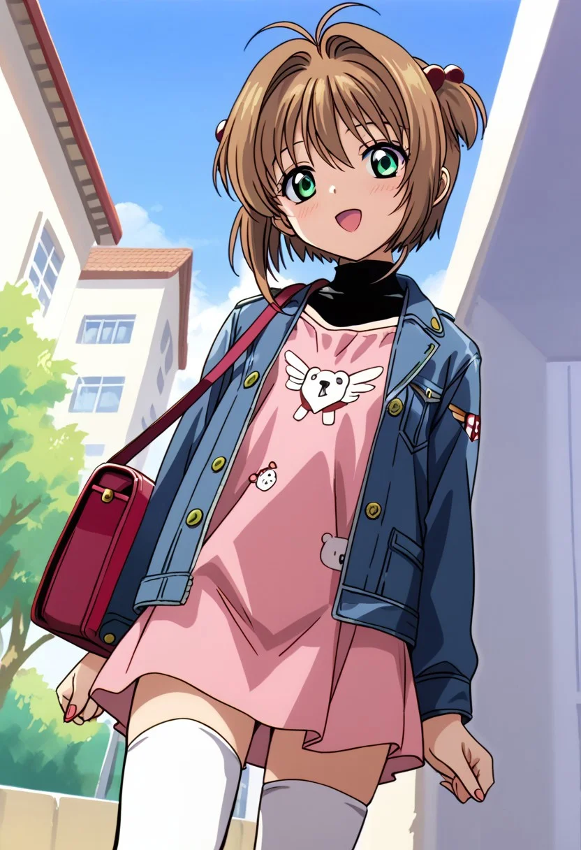 score_9, score_8_up, score_7_up, score_6_up, SakuraPony, green eyes, brown hair, short hair, antenna hair, hair intakes, flat chest, hair bobbles, open mouth, half-closed eyes, innocent smile, pink dress, jean jacket, thighhighs, bear print, red handbag, blushing, standing, BREAK outdoors, public, day, dutch angle, cowboy shot,