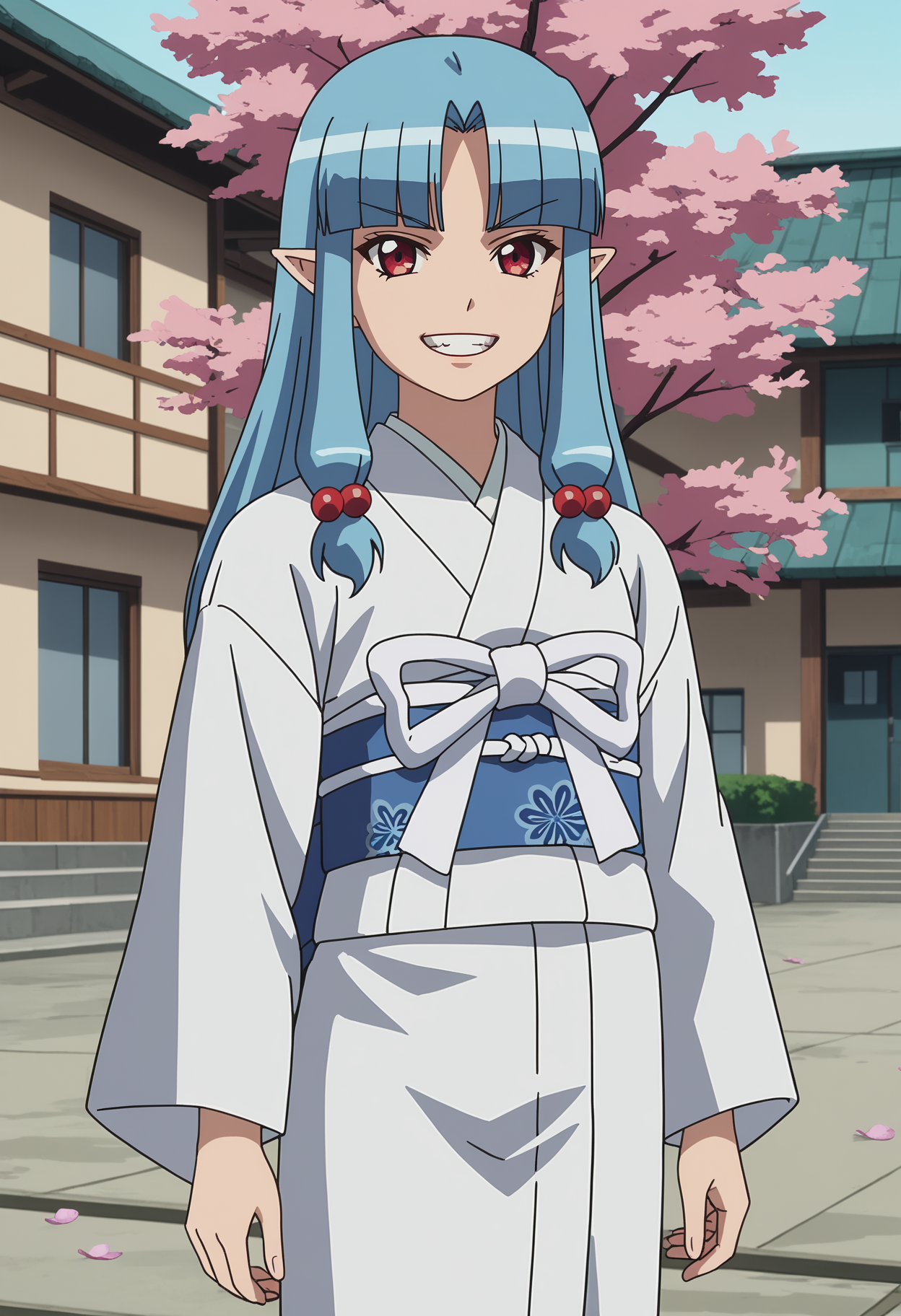 score_7_up, anime screencap,
<lora:Tsugumomo_KirihaXL:0.9>,
1girl, solo, grin, teeth,
long hair, blue hair, red eyes, parted bangs, blunt bangs, pointy ears, hair beads,
KirihaKimono, white kimono, long sleeves, blue sash, white ribbon,
standing, looking at viewer, (cowboy shot:1.2),
blurry background, cherry blossoms, outdoors, school building