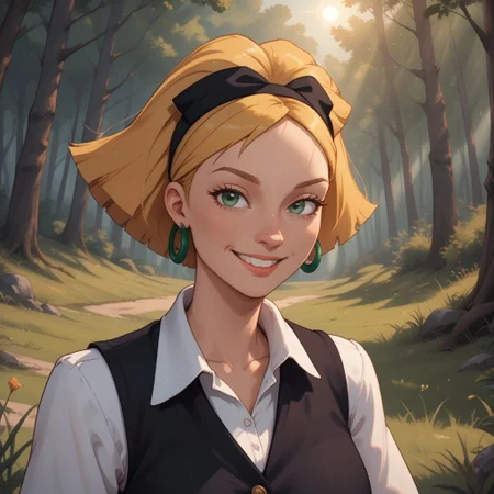 score_9, score_8, BREAK, solo, Olga_Pataki_(Hey_Arnold), blonde hair, bobbed flip hairstyle, black headband, midriff-baring white long-sleeved shirt with a black vest over it, green plaid skirt, emerald hoop earrings, brown boots, white knee socks, self portrait, smile, looking at viewer, outdoors, sunlight, shadows, evening lighting, natural lighting, forest, trees, grass, orange sky, sunset
