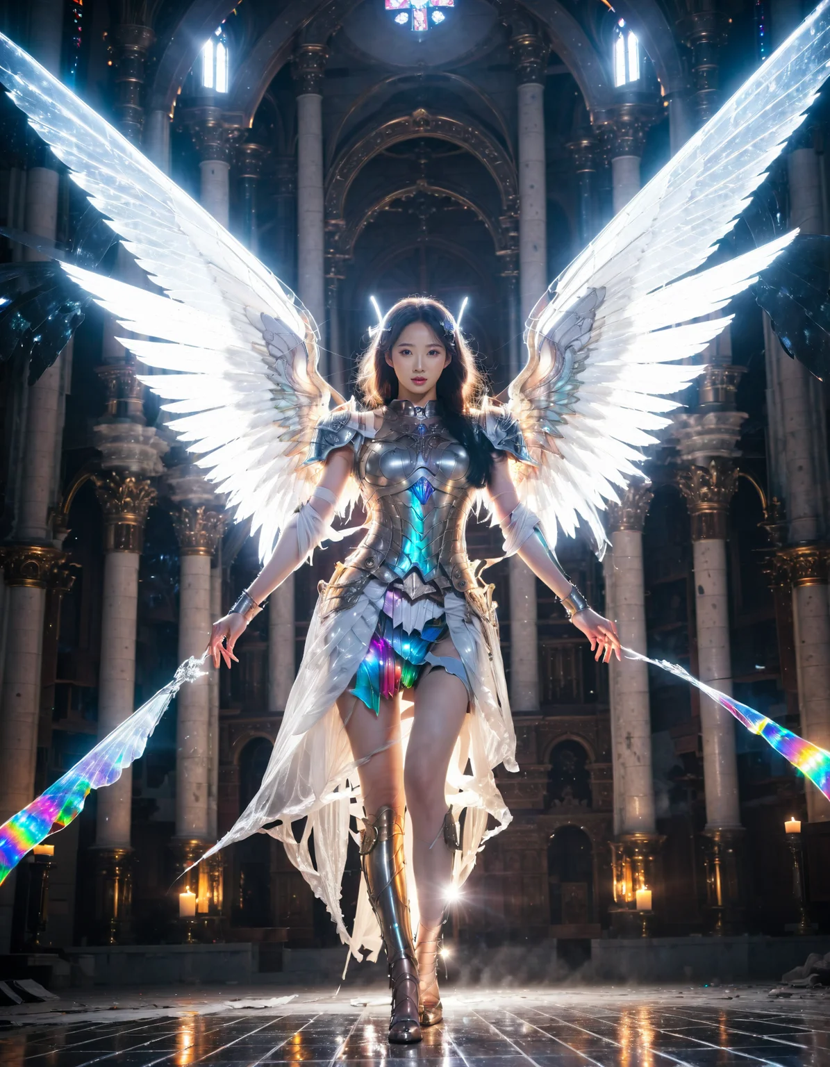 shine colorful,1girl,korean idol,glowing particle,female in armor with glowing angel wings,horror christian cathedral,nighttime,dungeons and dragons,<lora:Shine_colorful_XL_8R15EC:1>,