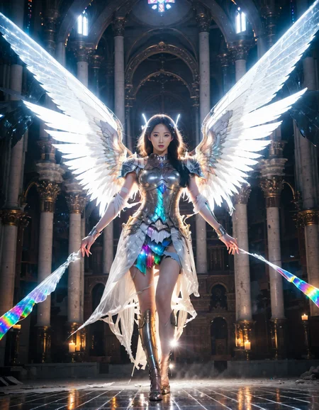 shine colorful,1girl,korean idol,glowing particle,female in armor with glowing angel wings,horror christian cathedral,nighttime,dungeons and dragons,<lora:Shine_colorful_XL_8R15EC:1>,