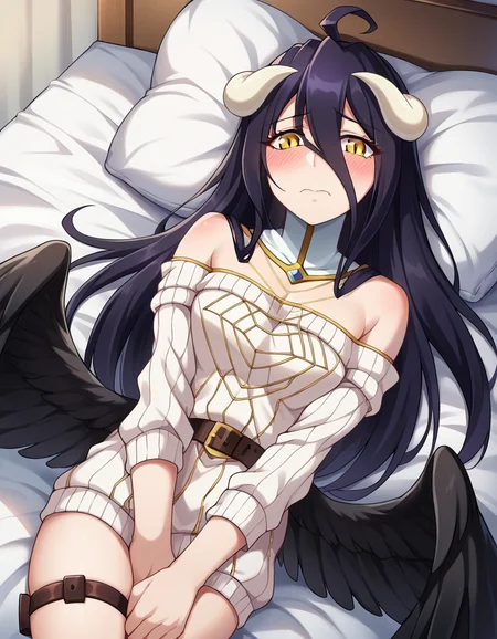 score_9, score_8_up, score_7_up, source_anime,
overlordalbedo, <lora:overlord-albedo-ponyxl-lora-nochekaiser:1>,
albedo, ahoge, black hair, horns, long hair, yellow eyes, blush, embarrassed,
bare shoulders, belt, black wings, collarbone, dress, feathered wings, frills, long sleeves, low wings, necklace, off shoulder, off-shoulder sweater, sweater, sweater dress, thigh strap, white sweater, wings, wrist ribbon, thighs,
indoors, bed, bed room, lying, lying on back, pillow,
looking at viewer, cowboy shot, dutch angle,