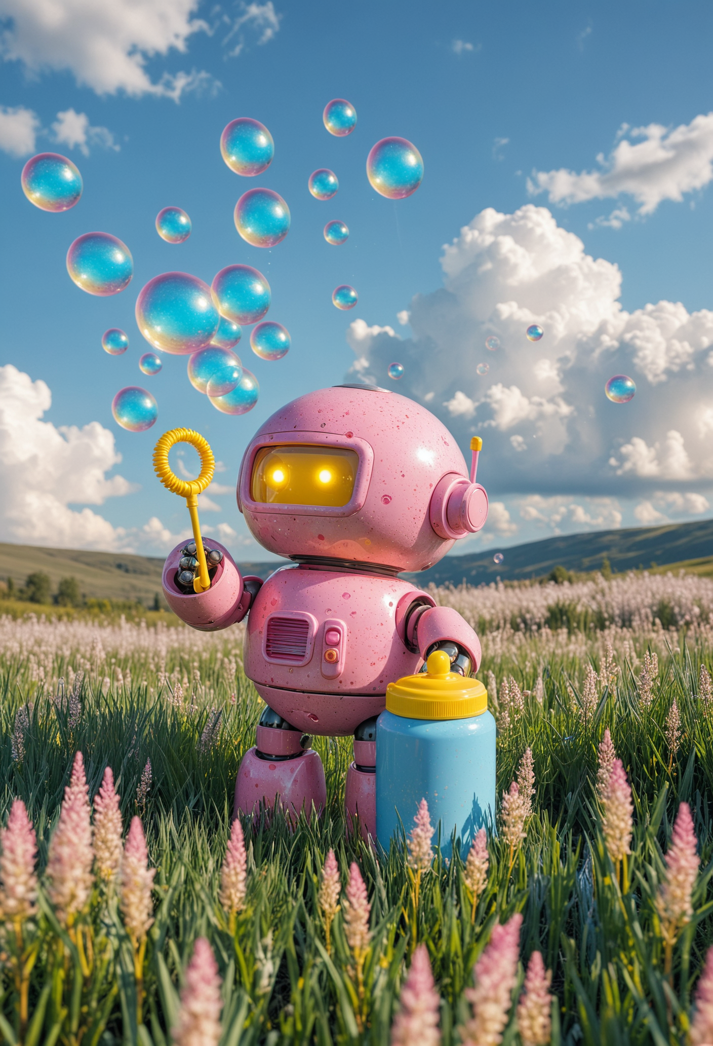 A cute pink robot with a rounded body and a lighter pink speckled texture stands in a sunny field, holding a yellow bubble wand, a blue bubble soap can, iridescent bubbles float around against a backdrop of white clouds on a soft blue sky, <lora:MJ52:0.4>, <lora:add-detail-xl:1>