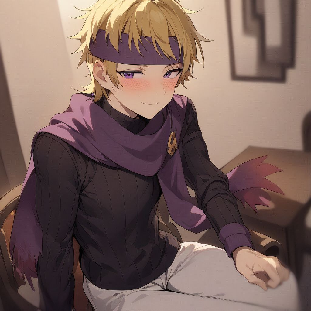 1boy, blonde hair, purple eyes, purple headband, purple scarf, black sweater, ribbed sweater, white pants, solo, best quality, high quality, very aesthetic, abusrdres, smile, blush, sitting, indoors, chair