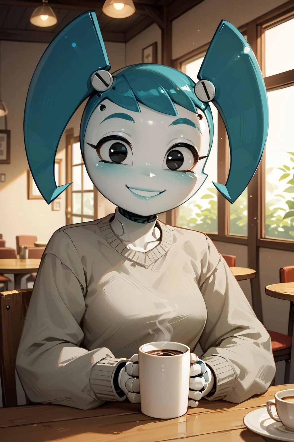 zPDXL3, <lora:Jenny_Wakeman_PDXL_V2:.9>,
Jenny, woman, android, joints, black eyes, twintails, white skin, medium breasts, grey sweater, looking at viewer, smiling, sitting,upper body shot, behind a table, inside cafe, holding coffee mug, soft lighting,