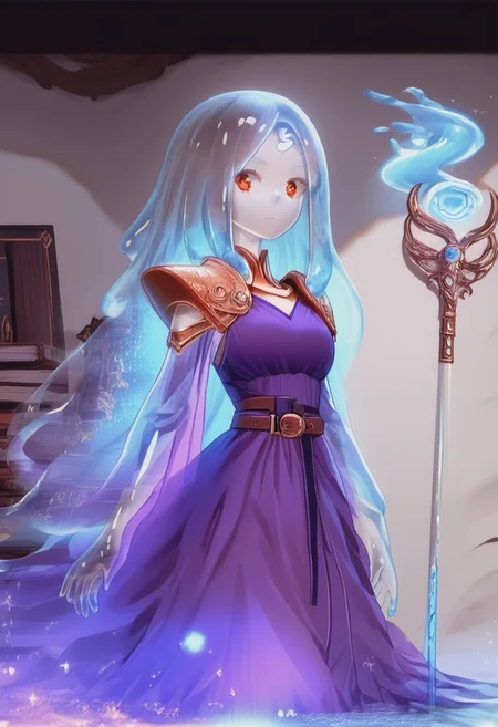 score_9, score_8_up, score_7_up, score_6_up, score_5_up, score_4_up, 1girl,solo,Mage,white long hair,pale skin,red eyes,Gold and sapphire headwear cover the forehead,Golden breastwork,Golden Shoulder Armor,Purple Dress,Wooden Staff,A magic book hung on his belt,Lilac Skin,contempt,absurdres,full_shot,noble,Gorgeous,Nyx, Goddess of Night, photo of a transparent ghost, wizardslimus, slime skin, transparent head, transparent body, transparent hair, transparent face, transparent, slime girl, c0l0urgl0w, galaxy