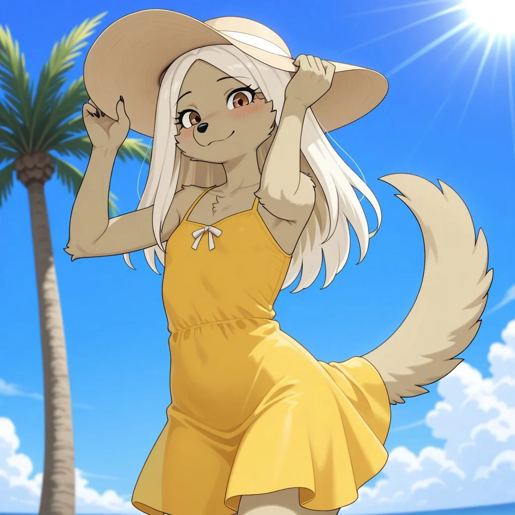 masterpiece, high quality, best quality, ((solo)), furry, anthro, volumetric lighting, rim lighting, no humans,
BREAK (Lydia(Zenia), dog, dog girl, afghan hound, grey fur, white hair, two-toned hair, long hair, brown eyes, black nose, dog tail, flat chest, small breasts, smile,
yellow sundress, sun hat, shy pose, looking at viewer),
BREAK boulevard, palm trees, blue sky, clouds