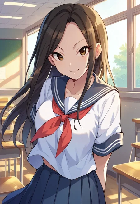 score_9, score_8_up, score_7_up, source_anime,mukai takumi, long hair, black hair, hazel eyes, 1girl, school uniform, serafuku, classroom, skirt, smile, solo