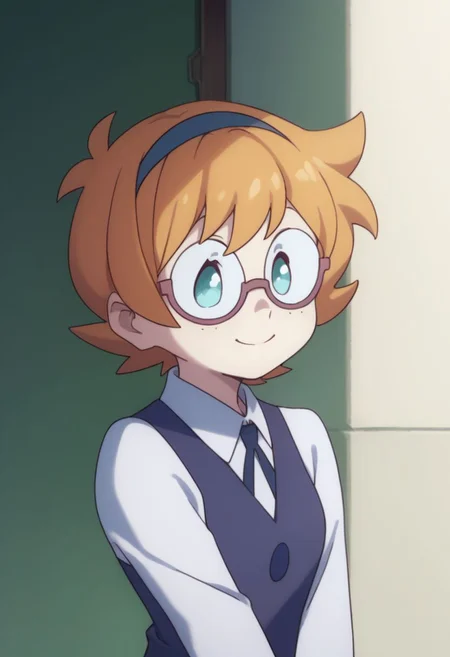score_9, score_8_up, source_anime, highly detailed, 1girl, solo
lotte, 1girl, freckles, solo, glasses, short hair, school uniform, smile, luna nova school uniform, hairband, blue eyes, long sleeves, orange hair, v arms, white shirt,