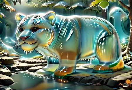 animal_guardian, tiger, a white tiger with black stripes, Tiger made out of slime, slime tiger in a jungle, jungle made out of slime,
natural light, no bright spots,
((translucent slime)), ((transparent slime)), made of water, (bioluminescent slime), sl1m3, slime, slime-morph, ais-blmn, saturated colors, no creatures, no humans, no monsters, no pokemon, watce, je11y, gummymorph
