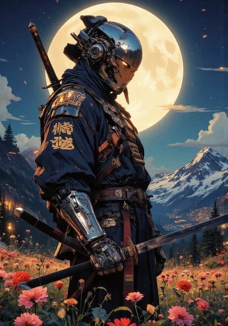 A futuristic cyber a figure standing in a field of wildflowers under the moonlight. He wears a highly detailed traditional samurai robe with intricate golden embroidery. His hands are covered in reflective metallic gauntlets, gripping a razor-sharp katana. helmet- mask is a smooth, mirror-like reflecting the night sky, mountains, and glowing city lights in the distance. The scene is bathed in deep blue and golden hues, blending soft natural light with cinematic contrast. Japanese aesthetics and cyberpunk technology