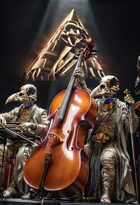 masterpiece, best quality, amazing quality, Khonshu, skull head, floating head, beak, mummified, robe,, playing cello, cello, instrument, bow_(music), left hand on the fingerboard, right hand holding a bow, cello between legs, sitting, spotlight, on stage, hieroglyph, pyramid,