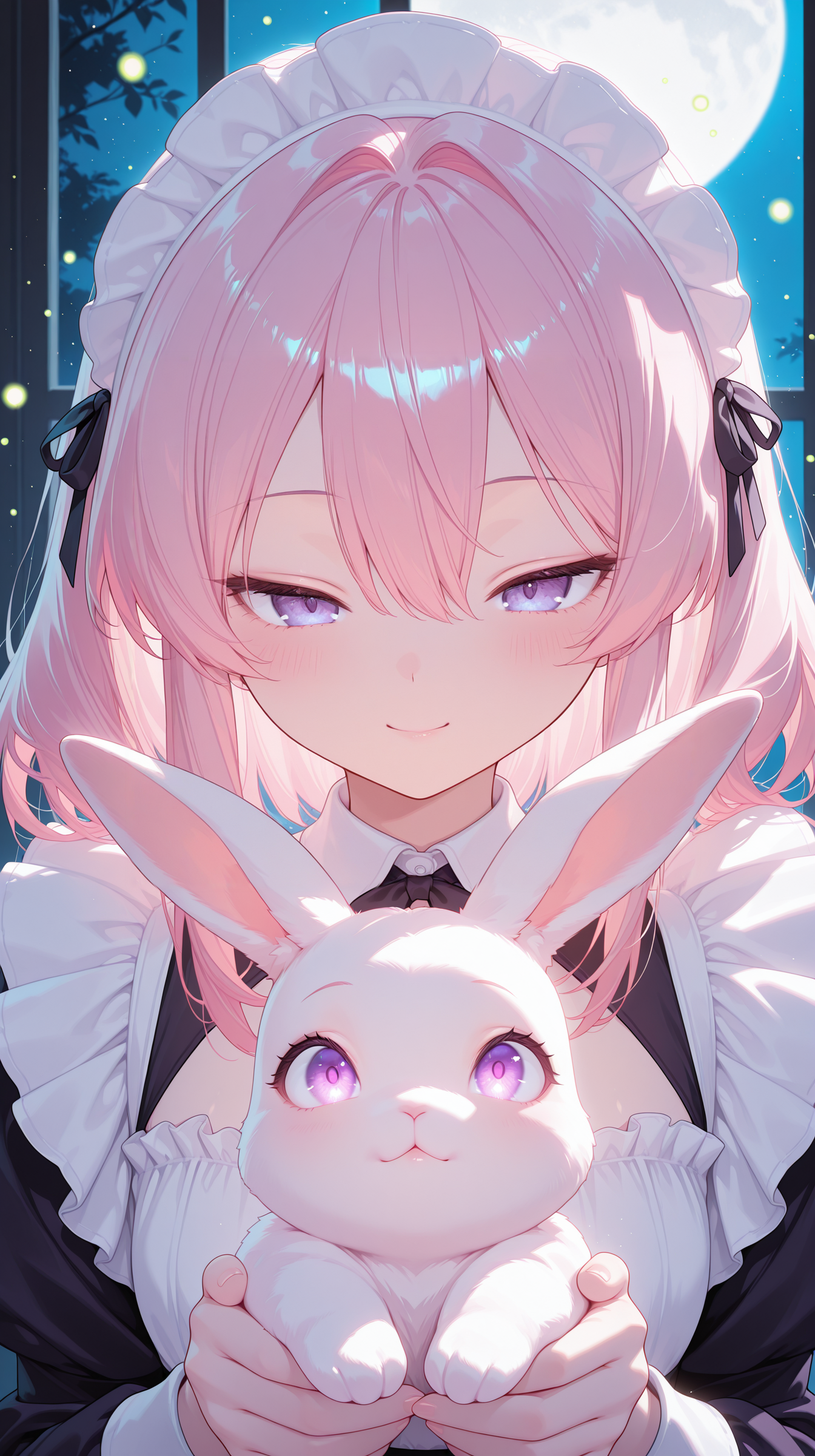 1girl, holding rabbit,  glowing under moonlight, dreamy meadow, glowing fireflies, ethereal atmosphere masterpiece, best quality, amazing quality, very aesthetic, absurdres, detailed eyes, newest, <lora:CivChan:1>, CivChan, purple eyes, pink hair,
