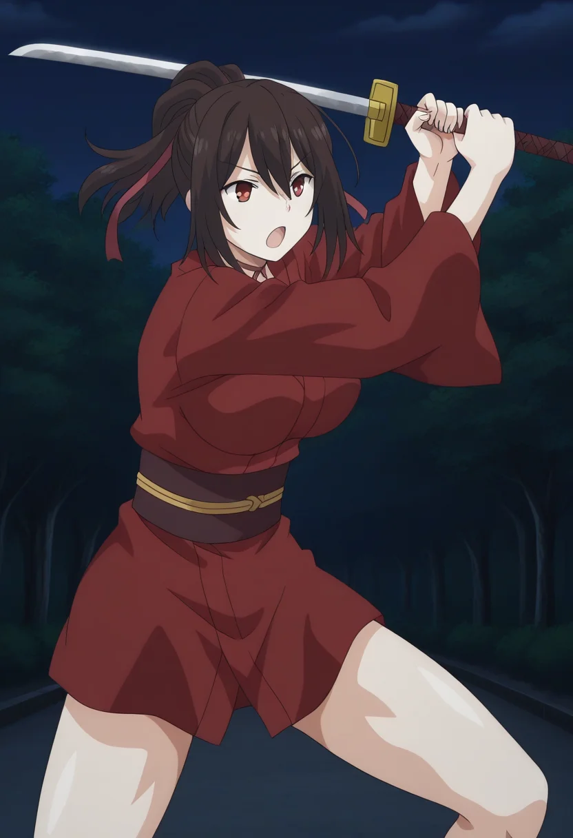 1girl, solo, kunobotananm, brown hair, hair ribbon, ponytail, red eyes, choker, short kimono, obi, large breasts, holding katana, dynamic pose, outdoors, night, serious, open mouth,