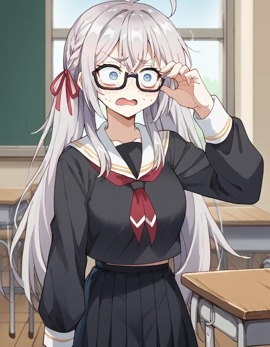 score_9, score_8_up, score_7_up, source_anime, alisamikhailovnakujou, <lora:alisa-mikhailovna-kujou-s1-ponyxl-lora-nochekaiser:1>, alisa mikhailovna kujou, long hair, bangs, blue eyes, hair ribbon, ahoge, grey hair, red ribbon, large breasts,, <lora:jimiko-ponyxl-lora-nochekaiser:1>, jimiko, glasses, black-framed eyewear, messy, unkempt, thick eyebrows, twintails, braids, freckles, baggy eyes,, blush, open mouth, embarrassed, classroom, adjusting eyewear, serafuku, black serafuku, red neckerchief, skirt, black skirt, pleated skirt, cowboy shot, <lora:averting-eyes-ponyxl-lora-nochekaiser:1>, averting eyes,