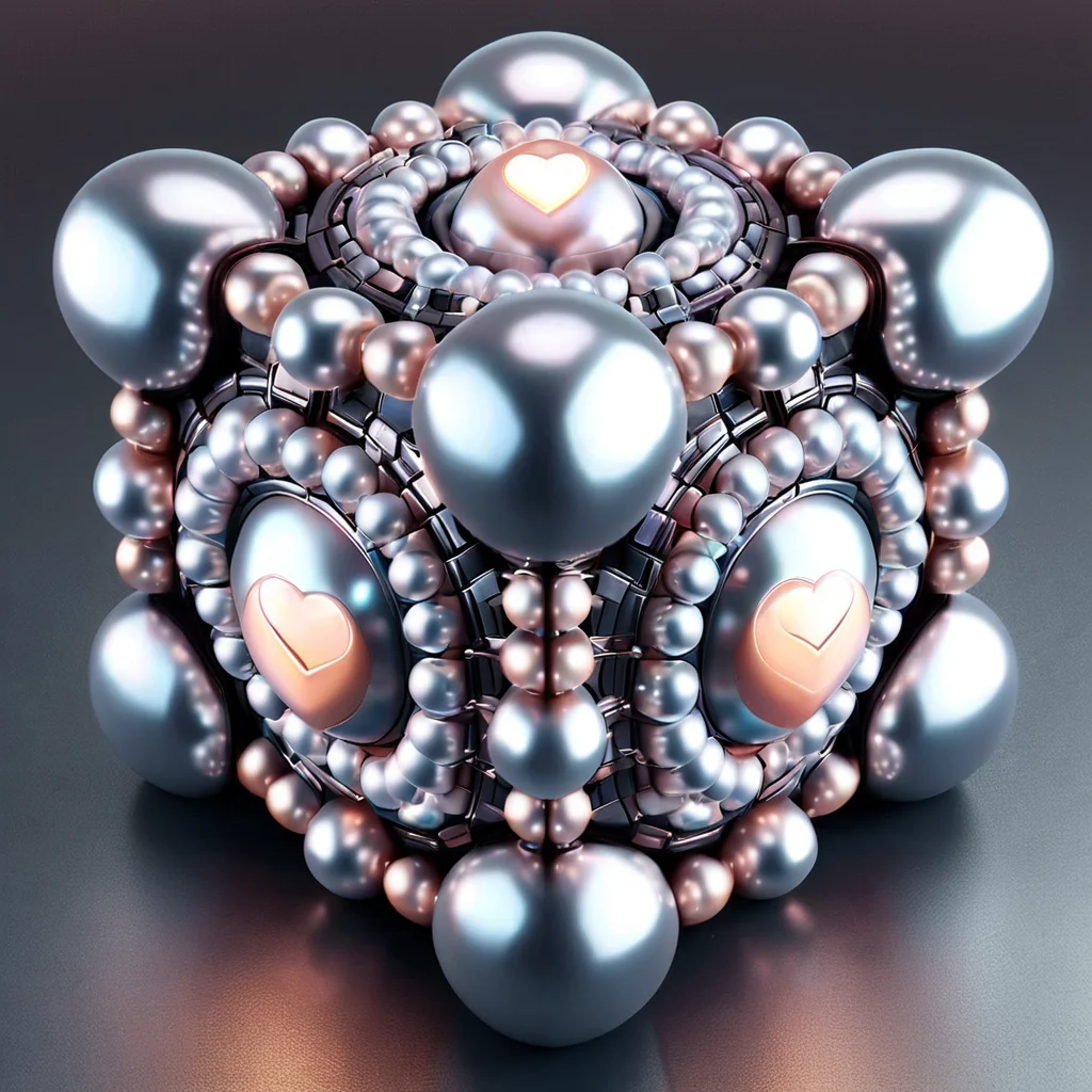 Pearlum, cube, geometric design, 3D structure, symmetrical, spheres, heart shapes, metallic sheen, soft glow, intricate pattern, interconnected rings, repetitive motif, digital art, abstract, modern, futuristic, high contrast, artistic visualization, jewelry-like, elegant, complex composition, visual symmetry, digital rendering, high resolution, vibrant colors, reflective surfaces, glowing elements, contemporary art, digital fusion, visual aesthetics <lora:Pearlum_World_Morph:1>