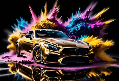 GOLD LIQUID METAL sports car, race car, racing through SILVER LIQUID METAL, liquid metal sprays up from the cars tyres, Car drifting in a black void, huge Colorful Powder Explosion above the car