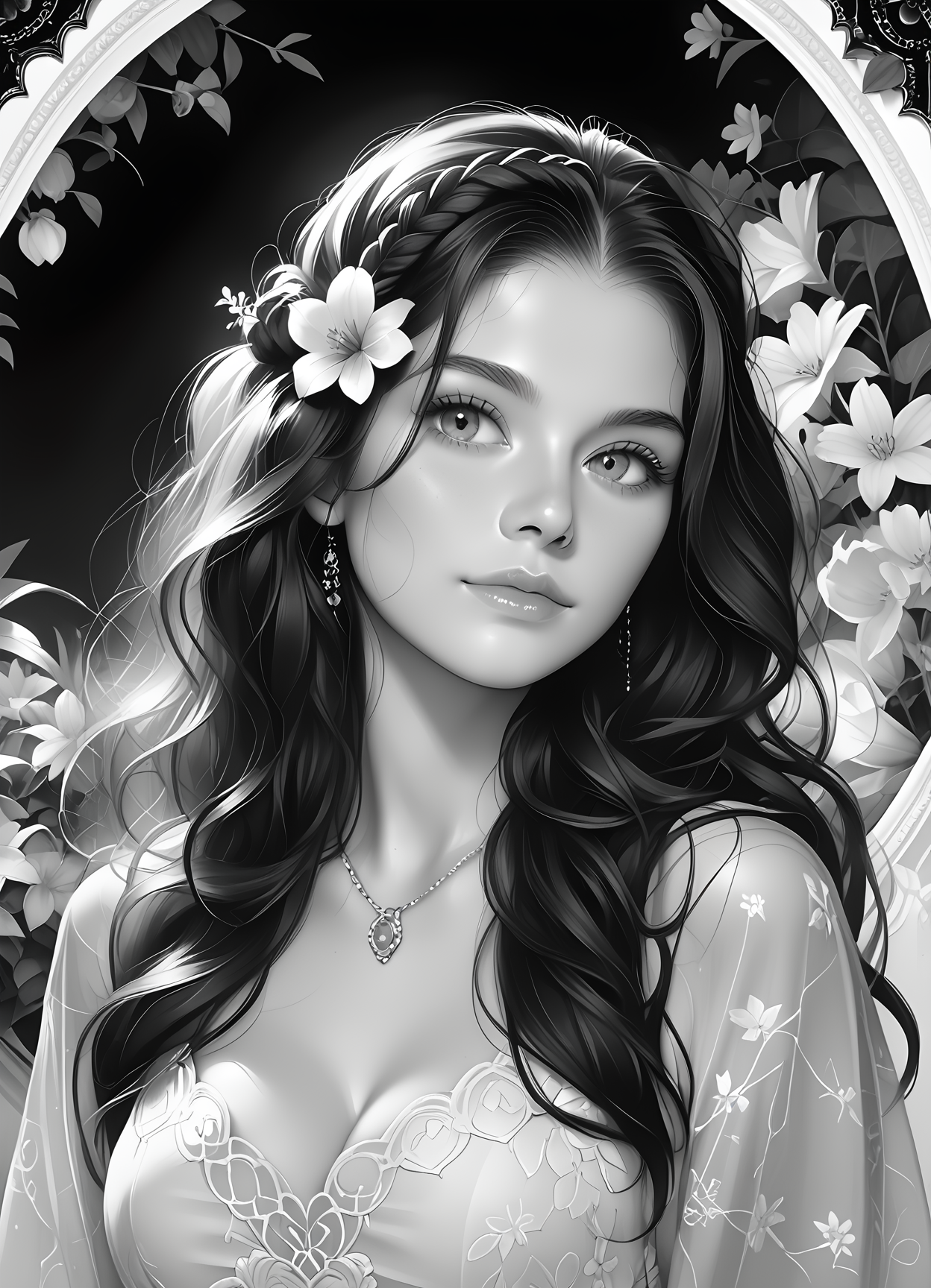 score_9, score_8_up, score_7_up, score_6_up, a woman with flowers in her hair, graphic artist artgerm, phone wallpaper. intricate, black and white coloring, jasmine, tony sandoval. 8 k realistic, intricate detailed brush strokes, beautiful flowing hair, very very very beautiful art, girl with a flower face, floral growth
<lora:face_pony:0.2><lora:incase-ilff-v3-4:0.6>, <lora:TheFinal:0.8>, epic realistic