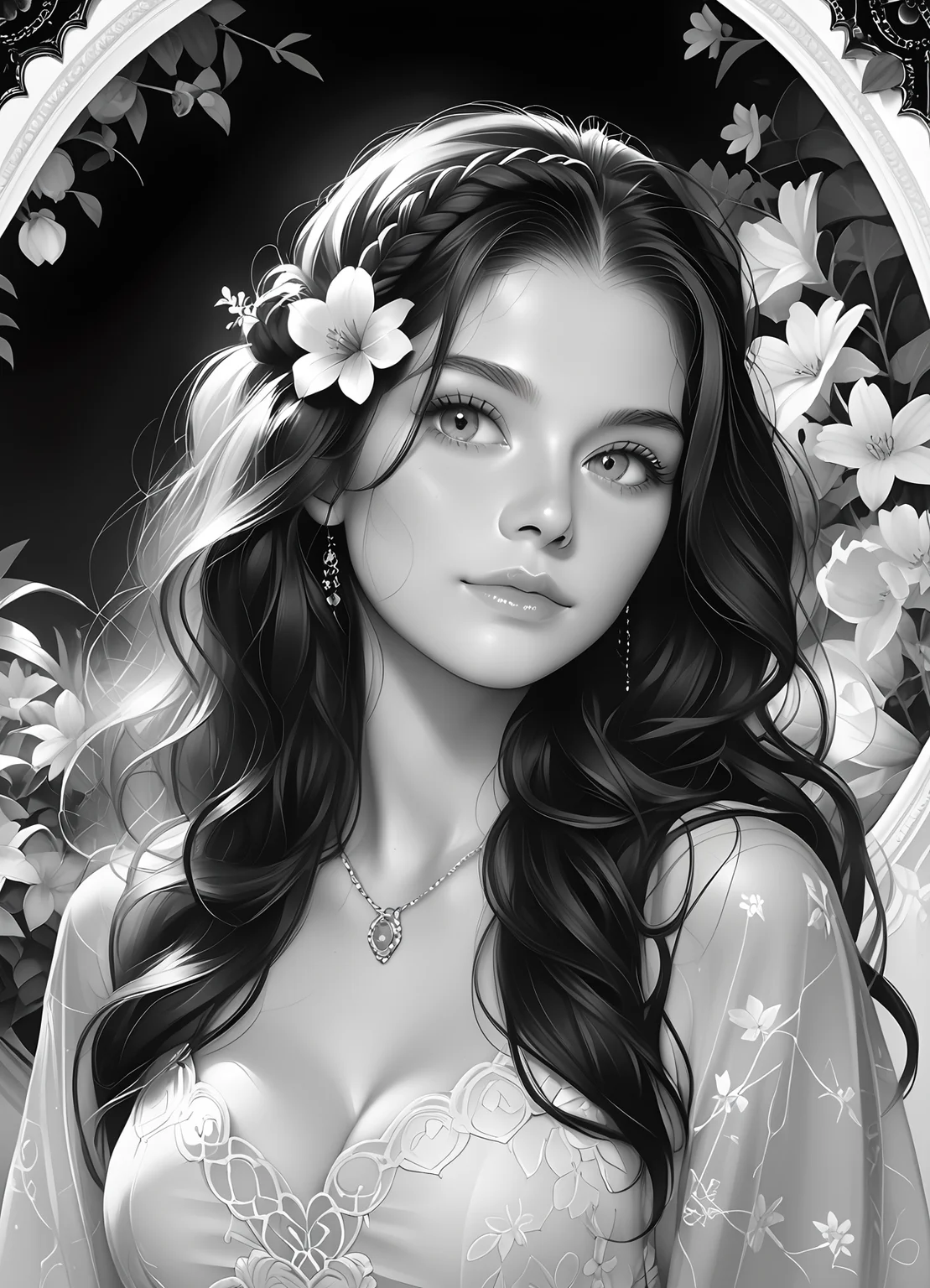 score_9, score_8_up, score_7_up, score_6_up, a woman with flowers in her hair, graphic artist artgerm, phone wallpaper. intricate, black and white coloring, jasmine, tony sandoval. 8 k realistic, intricate detailed brush strokes, beautiful flowing hair, very very very beautiful art, girl with a flower face, floral growth
<lora:face_pony:0.2><lora:incase-ilff-v3-4:0.6>, <lora:TheFinal:0.8>, epic realistic
