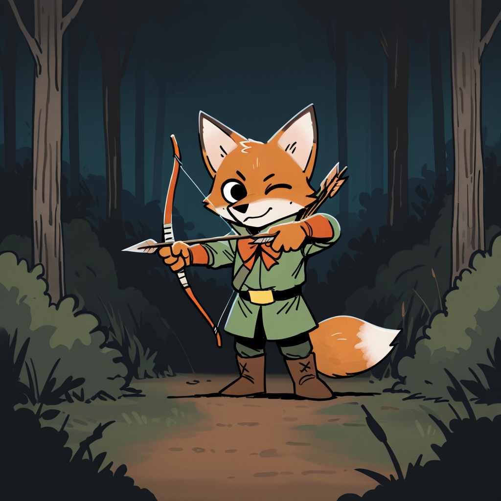 ROOT, fox,bow and arrows, forest  , solo,very close to viewer , badass archer, cunning, dynamics, fighting ,;), bushes, strong, deep colors, male, tricky, rich colors, detailed, dark <lora:ROOT-000008:1.0>, best composition, holding bow in hand, green clothes, detailed fur, picturesque meadow, motion, aiming
