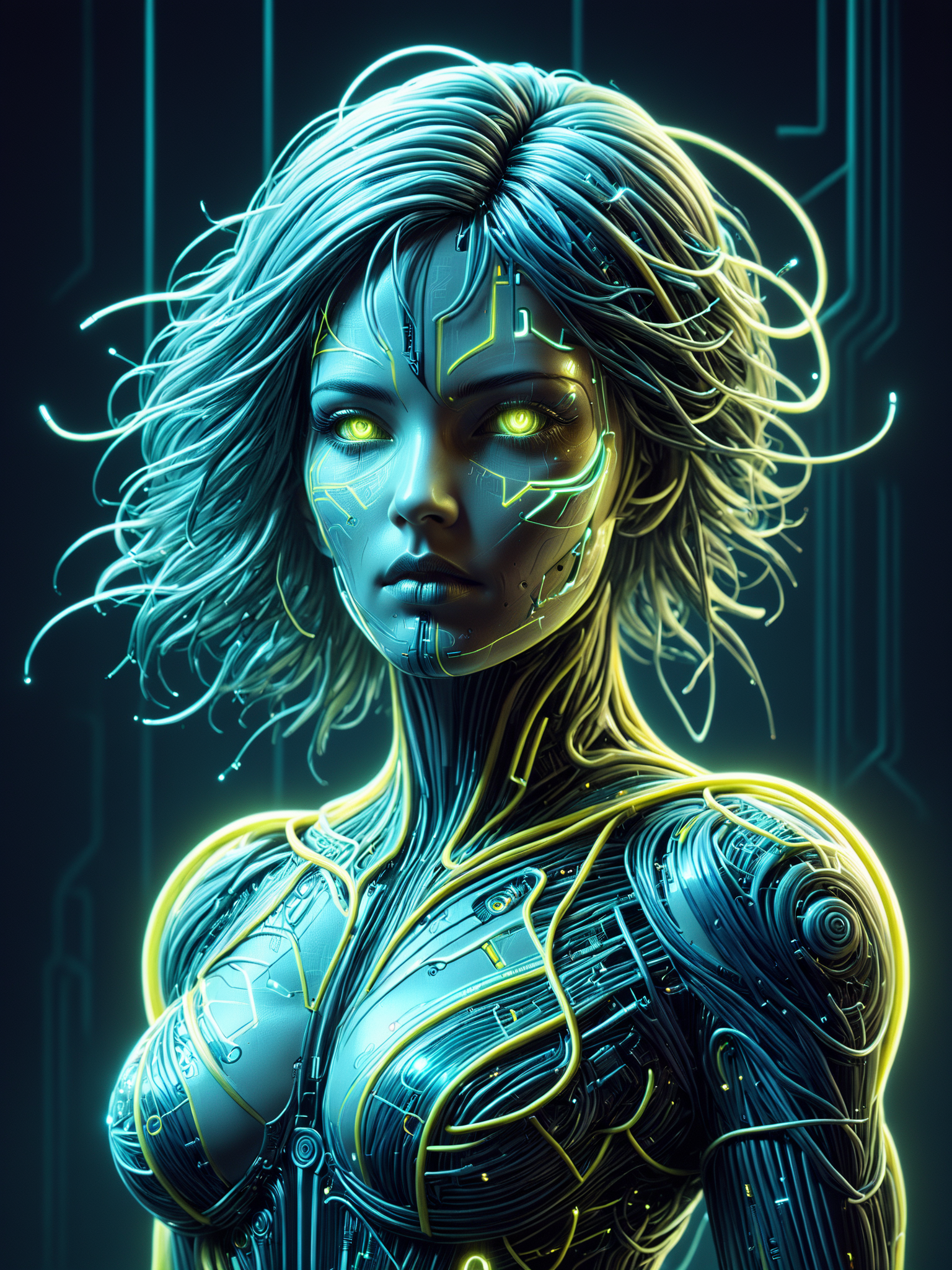 female cyborg made of mad-cable,  in the style of alphonse mucha, geometric pattern in the background, neon yellow lightning, neon teal lightning, neon magenta lightning, cables, wires, synthwave, vaporwave, retro futurism, circuitboard, dark futuristic <lora:Dark_Futuristic_Circuit_Boards:0.6>    <lora:Cables_SDXL:0.8>  <lora:Neon_Cyberpunk_SDXL_Cyberspace:0.5> mad-cyberspace, cyberpunk, scifi, 1980s, retro <lora:aesthetic:1> aesthetic <lora:sd_xl_dpo_lora_v1:1>, (masterpiece:1.2), best quality, (hyperdetailed, highest detailed:1.2), high resolution textures
