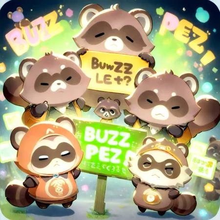 buzz, tanuki, chibi, with a sign with text "buzz plz" <lora:buzz-text:.85>3DMM
