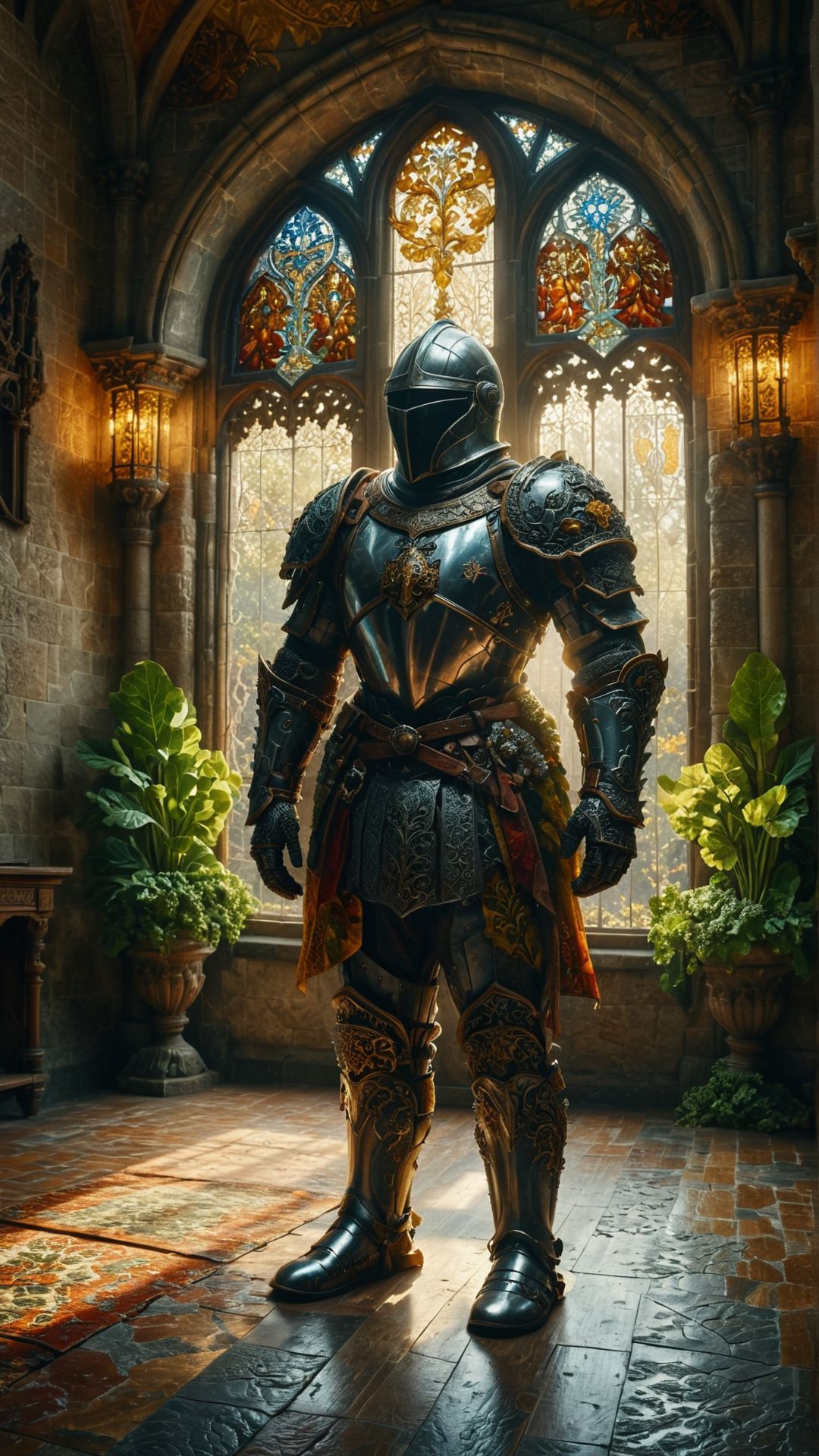 hyper realistic, a medieval knight in ornate armor, standing in a grand hall with stained glass windows, soft beams of light illuminating the scene, regal and majestic 
 <lora:ral-sld:1> ral-sld
<lora:add-detail-xl:1>
<lora:MJ52:0.35>,
<lora:SDXLFaeTastic2400:0.325>,
(settings by AIDigitalmediaaggency:0.0001),
OverallDetailXL