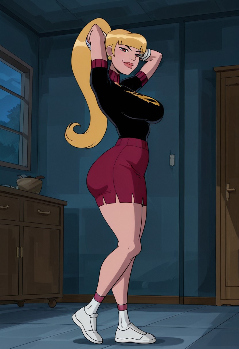 masterpiece, absurdres, detailed image, detailed face, indoors, at night, dark lighting, solo, 1girl, large breasts, looking at viewer, thin waist, smug expression, standing, full body, seductive pose, BIGBIG, mazuma_(Ben_10), red eyes, blue eyes, blonde, blunt bangs, ponytail, earrings, black shirt, wristbands, skirt, white shoes, hands behind head, side shot, big ass