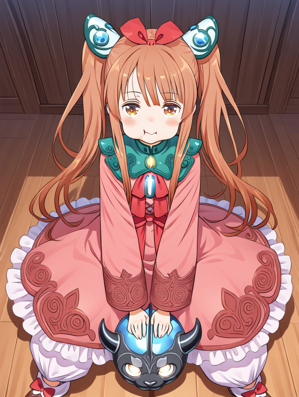 perfect quality,best quality,absolutely eye-catching,ambient occlusion,raytracing BREAK
1girl,<lora:rimuru IL v1.1:0.8>,rimuru,brown hair,twintails,hair ornament,red ribbon,pink dress,long sleeves,frilled dress,white puffy pants,shoes,, straight-on,face_focus,leaning_back,cheek_pull,caramelldansen,sitting_backwards,