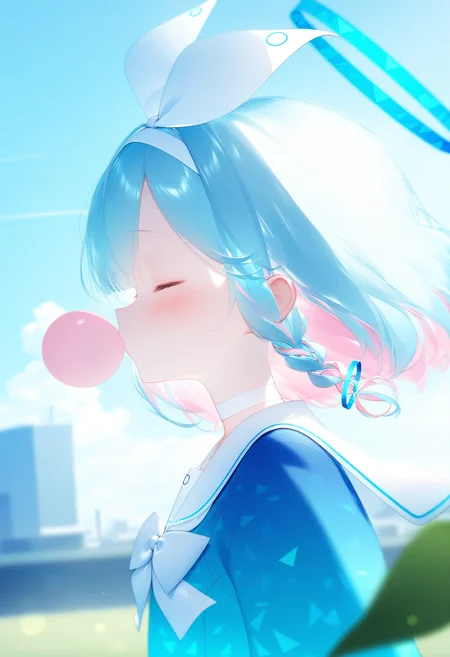 alens,
1girl, arona \(blue archive\), solo, bubble blowing, pink hair, closed eyes, chewing gum, halo, blue halo, multicolored hair, white choker, choker, colored inner hair, blue hair, upper body, white hairband, cloud, blue shirt, blurry, hairband, sky, from side, bow, short hair, outdoors, sailor collar, braid, blush, shirt, white sailor collar, blue sky, bowtie, white bowtie, white bow, day, profile, serafuku, depth of field, two-tone hair, blurry foreground, side braid, white ribbon, single braid, leaf, blurry background, bow hairband, aqua hair, ribbon, hair ribbon
, masterpiece, best quality, good quality,
<lora:best_of_ai_styles_noob-vpred-1.0_v1.337-edm2-pass-long:1>