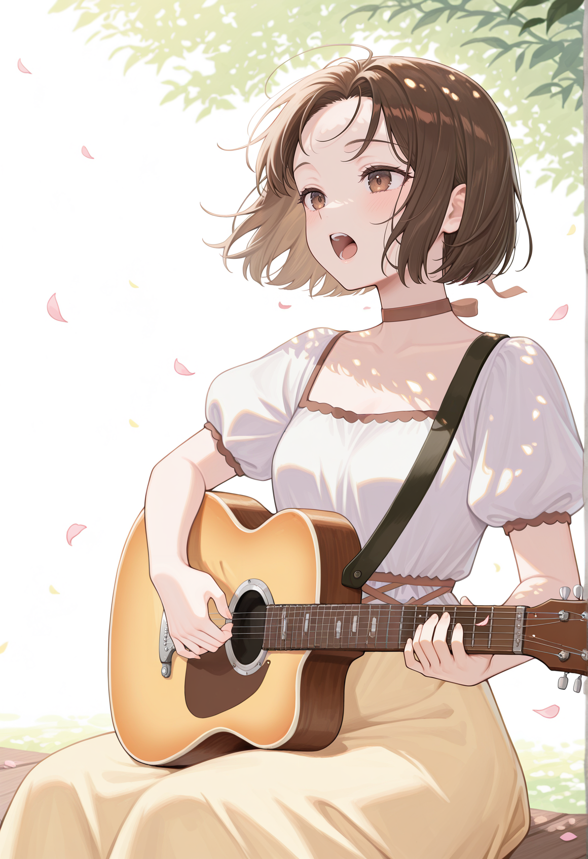 1girl,solo,  short hair, brown hair, brown eyes, choker, ribbon, yellow dress, white shirt, short sleeves, puffy sleeves, outdoors, sitting, playing instrument, guitar, dappled sunlight, petals, wind, open mouth, singing,   <lora:Annallee_illus:1>, masterpiece, best quality, amazing quality, very aesthetic, absurdres, highres, newest