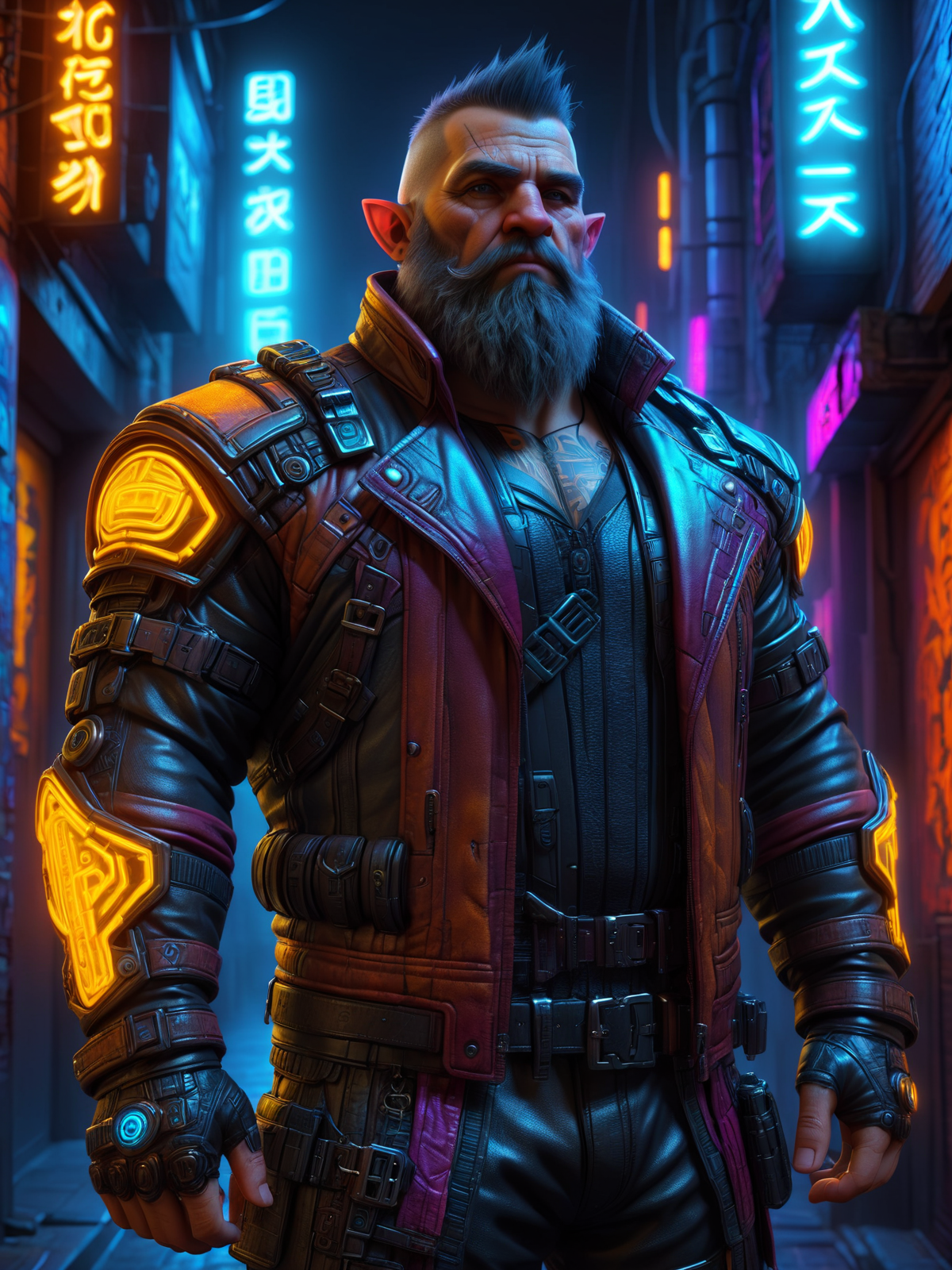 man, dwarf, short, cyberpunk, leather clothes, side alley, neon lights <lora:Neon_Cyberpunk_SDXL_Dwarves:0.8>, (masterpiece:1.2), best quality, (hyperdetailed, highest detailed:1.2), high resolution textures