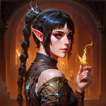 masterpiece, best quality, newest, absurdres, highres, DFOP-V3.0, oil painting, realistic, 1girl, shadowheart \(baldur's gate\), long braid, elf, pointy ears, black hair, braid, side bangs,