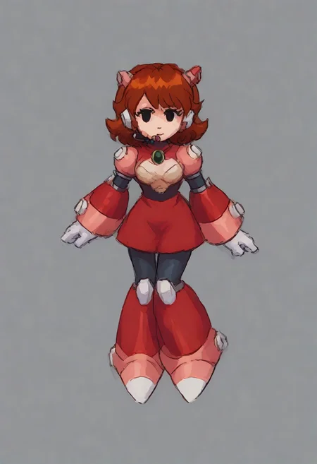 megamanreploid, android, gloves, armor, bodysuit, robot ears, headset, white gloves, Alia's bodysuit, red dress, mecha dress, armored dress, GF FNF