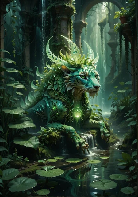 score_9, score_8_up, score_7_up, score_6_up, MyNewFantasy, mystical creature, timeless, mytic ether plants ground, green ether, water,