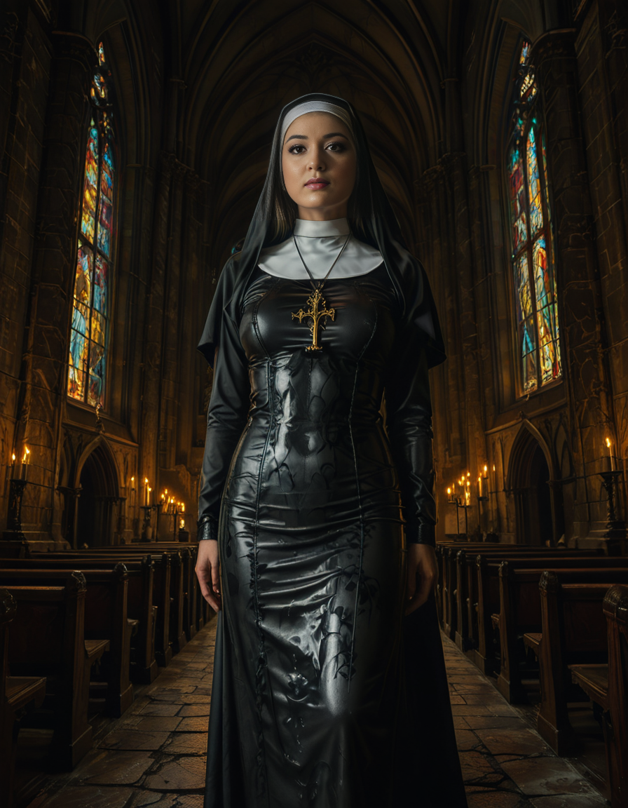 focus on a nun,A gothic scene featuring a mysterious woman dressed as a nun in a flowing black latex habit with intricate lace detailing and choker, standing solemnly inside of a G0th1c church. The atmosphere is charged with tension as an otherworldly presence seems to loom over the scene, casting eerie red and black shadows on the ancient stone. Other nuns in the background appear uneasy, their movements slow and dreamlike, as if they are being influenced by an unseen dark force. The cathedral's gothic architecture towers above with sharp spires, grotesque gargoyles, and a glowing stained-glass window radiating an unnatural crimson light.<lora:SDXLFaeTastic2400:0.4> <lora:extremely_detailed:0.4> extremely detailed, <lora:G0th1c_church:1>, Masterpiece,best quality,hi res,8k,hi res,8k,award winning,(sharp focus, intricate, highly detailed),
