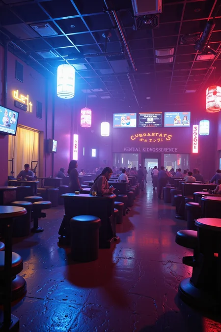 best quality, enhanced details,
perfect lighting, High resolution photo,
cinematic lighting,
cyberspace dive bar, virtual reality hangouts, glitched simulations, encrypted chat rooms, shady deals ,
