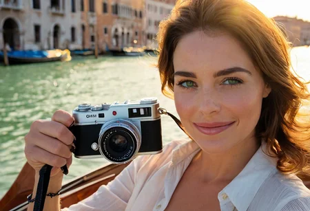 A meticulously detailed,Expressive, hyper-realistic photograph of Olivia, a 35-year-old woman with wavy short, brown hair, vibrant green eyes,featured strands giving the sense of movement, subtle smiling, subtle wrinkles, subtle laughlines, subtle pores in her ckeeks. She wears a solid white button-up shirt, slightly open at the collar, exuding an effortlessly elegant. Olivia sits gracefully in a polished black gondola, gliding along the Grand Canal. The sunlight reflects off the water, casting shimmering patterns on her face. Behind her, historic Venetian palaces with ornate façades stand in soft focus, their pastel hues blending with the golden light. A vintage film camera hangs around her neck, adding to the timeless charm.. on a Summer Sunny day. The sunlight highlights her face, creating natural shadows and depth. Shot with a Nikon D5300, 25mm lens, f/2.8 aperture, ISO 80, a slight vignette effect for a cinematic touch." photography highly detailed realistic ambient lighting