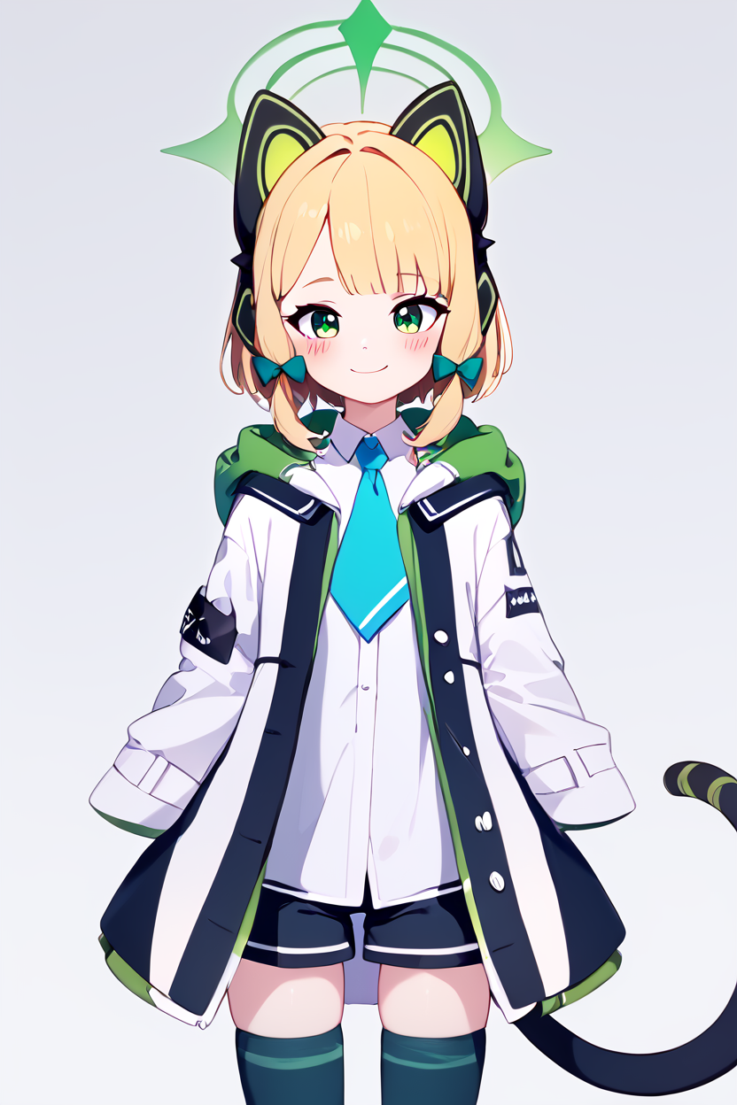 score_9, score_8_up, score_8, medium breasts, (curvy), cute, eyelashes,       BREAK, , ,,, zzMidori, solo, blonde hair, short hair, green eyes, hair bow, tail, animal ears, fake animal ears, animal ear headphones, headphones, cat ear headphones, halo, hair bow, green halo,  tail, cat tail, green bow, black thighhighs, blue necktie, collared shirt, long sleeves, white jacket, white shirt, black shorts, blush, black footwear, open jacket, hood, wide sleeves ,<lora:Midori_BlueArchive_PDXL:1.0>,  ,,,, BREAK, closed mouth, alternate costume, smile, looking at viewer, blush, ,,, zzLFashion, frilled dress, frills, bow, dress, striped thighhighs, sweetL, cowboy shot, ,,, embedding:zPDXL, Expressiveh, ,,, <lora:Vivid:0.7>, <lora:LFashionPDXL:1>, <lora:Uncensored_PonyXL_cpt_v02.09:0.4>, <lora:Expressive_H-000001:0.4>,