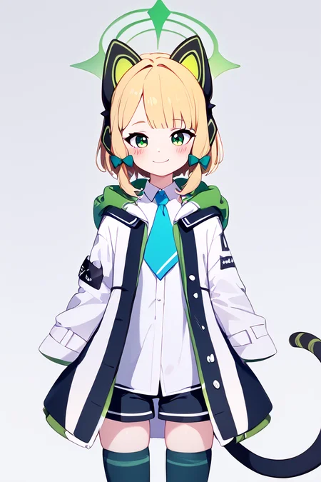 score_9, score_8_up, score_8, medium breasts, (curvy), cute, eyelashes, BREAK, , ,,, zzMidori, solo, blonde hair, short hair, green eyes, hair bow, tail, animal ears, fake animal ears, animal ear headphones, headphones, cat ear headphones, halo, hair bow, green halo, tail, cat tail, green bow, black thighhighs, blue necktie, collared shirt, long sleeves, white jacket, white shirt, black shorts, blush, black footwear, open jacket, hood, wide sleeves ,<lora:Midori_BlueArchive_PDXL:1.0>, ,,,, BREAK, closed mouth, alternate costume, smile, looking at viewer, blush, ,,, zzLFashion, frilled dress, frills, bow, dress, striped thighhighs, sweetL, cowboy shot, ,,, embedding:zPDXL, Expressiveh, ,,, <lora:Vivid:0.7>, <lora:LFashionPDXL:1>, <lora:Uncensored_PonyXL_cpt_v02.09:0.4>, <lora:Expressive_H-000001:0.4>,
