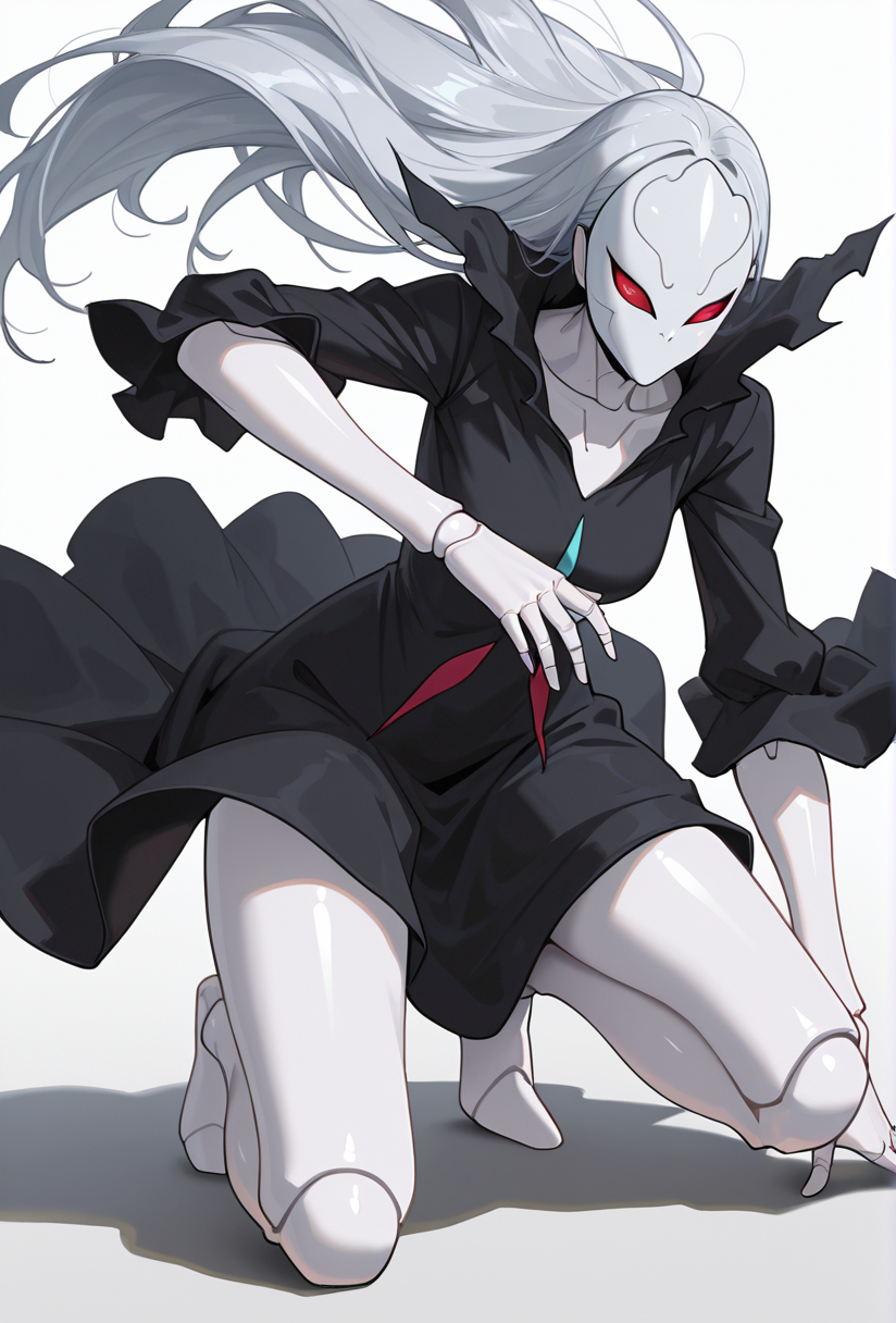 Smooth Quality,masterpiece,very intricate, high quality details, ultra realistic, high detailed skin,detailed enviorement,absurdres,
simple background, white background, 
dynamic angle,solo,on one knee,
 <lora:Berettacnn:0.8>  beretacnn,1girl, long hair,red eyes, (mask:1.1), black dress,silver hair, doll joints, no humans, no mouth,