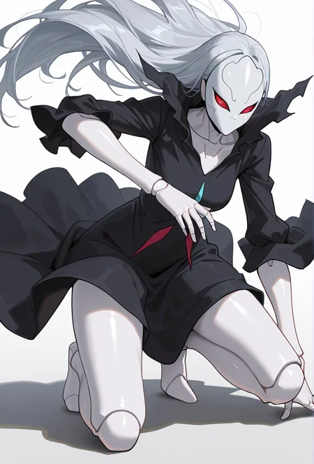 Smooth Quality,masterpiece,very intricate, high quality details, ultra realistic, high detailed skin,detailed enviorement,absurdres,
simple background, white background, 
dynamic angle,solo,on one knee,
 <lora:Berettacnn:0.8>  beretacnn,1girl, long hair,red eyes, (mask:1.1), black dress,silver hair, doll joints, no humans, no mouth,