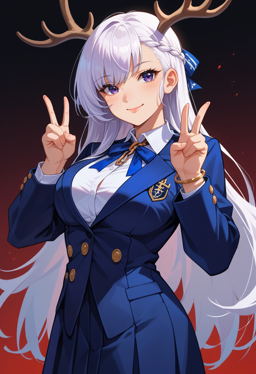score_9, score_8_up, score_7_up, source_anime, <lora:wrenchbelfastthenobleattendant:1>, beltna, bangs, white hair, french braid, large breasts, long hair, purple eyes, sidelocks, 
chain, bracelet, jewelry, 
1girl, antlers, blazer, blue jacket, blue ribbon, closed mouth, collared shirt, deer antlers, double v, hair ornament, hairclip, horns, jacket, long sleeves, looking at viewer, neck ribbon, parody, ribbon, sakuragaoka high school uniform, school uniform, shirt, smile, solo, v, white shirt, winter uniform,