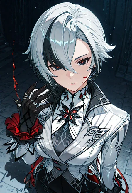 1girl,arlecchino genshin impact,
solo, black_flower, x-shaped_pupils, flower, multicolored_hair, symbol-shaped_pupils, earrings, claws, jewelry, black_rose, looking_at_viewer, white_hair, short_hair, rose, black_hair, hair_over_one_eye, parted_lips, streaked_hair, blood, red_pupils, bangs, black_eyes, two-tone_hair, grey_hair, one_eye_covered
,(Perspective:1.5),
fabulous artwork,Volumetric image, HDR, high contrast,Smooth Quality , masterpiece, best quality, amazing quality, very aesthetic, high resolution, absurdres, newest,high contrast color,perfect composition,perspective,incredibly absurdres, cute, ambient occlusion, highly detailed,shadows,