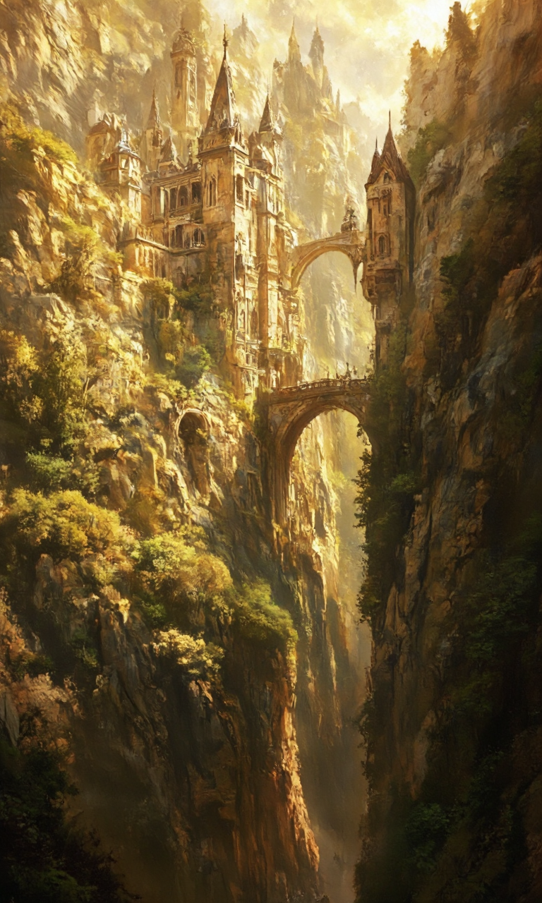 artwork depicting a fantastical, ethereal landscape. The scene is dominated by a grand, ornate castle-like structure, constructed in a medieval style with tall, pointed arches and intricate detailing. The castle is perched on a rocky cliff, with the rocky surface visible and textured with a mix of light and dark shades. The castle's architecture is a blend of Gothic and Romanesque styles, with multiple turrets and towers, some of which have balconies and parapets. The color palette is warm, with earthy tones of brown, gold, and amber, enhancing the sense of antiquity and mystery.
The castle is connected to the cliffside by a narrow, arched bridge that spans a deep gorge. The bridge is lined with a stone balustrade and is adorned with ornate, decorative elements. Below the bridge, dense, lush greenery clings to the cliff face, with trees and bushes creating a natural barrier that contrasts with the stone structures above. The light in the scene is soft and golden, suggesting either early morning or late afternoon, casting long shadows and adding to the magical, otherworldly atmosphere. The overall composition is rich with detail and texture, evoking a sense of awe and wonder., aidmaimageupgrader, aidmamj6.1,