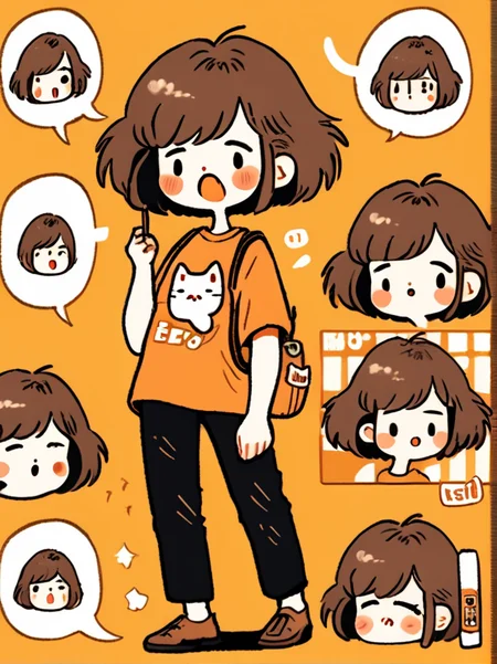 masterpiece, best quality,
cute doodle, 1girl, !, brown hair, short hair, backpack, bag, shirt, black pants, cat, pants, blush, print shirt, hair ornament, open mouth, speech bubble, fang, short sleeves
<lora:cutedoodle_XL-000012:0.65>
