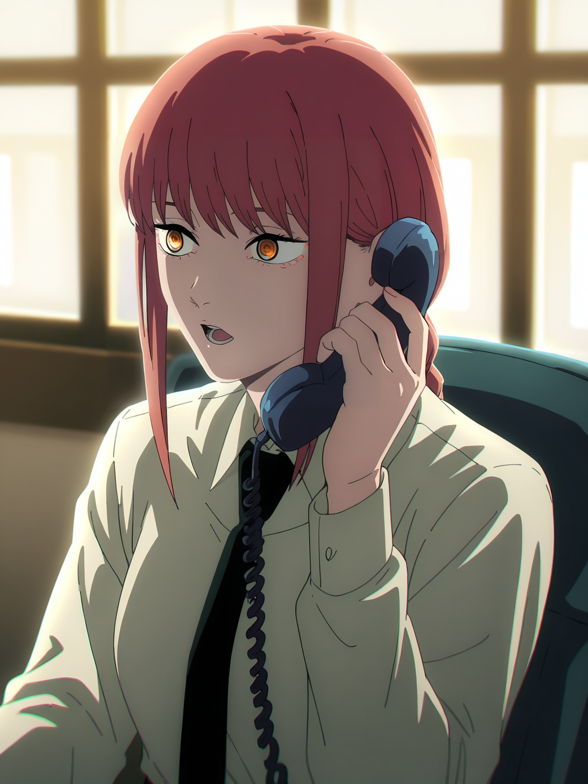 <lora:Makima:0.8>, makima (chainsaw man), 1girl, solo, yellow eyes, red hair, braided ponytail, sidelocks, shirt tucked in, black necktie, expressionless, open mouth, teeth, looking ahead, sitting, on chair, holding phone, talking on phone, corded phone, upper body, indoors, window, backlighting, day, blurry background