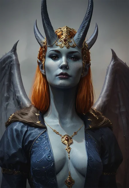 score_9, score_8_up, score_7_up, 1girl, orange hair, long haird, blue dress, bang, detailed face, elongated face, looking at the viewer, medium breasts, beautiful eyes, Illuminblueated face, concept art, horns, grey skin, blue skin, wings, wings out of focus, focus on face, medium shot,