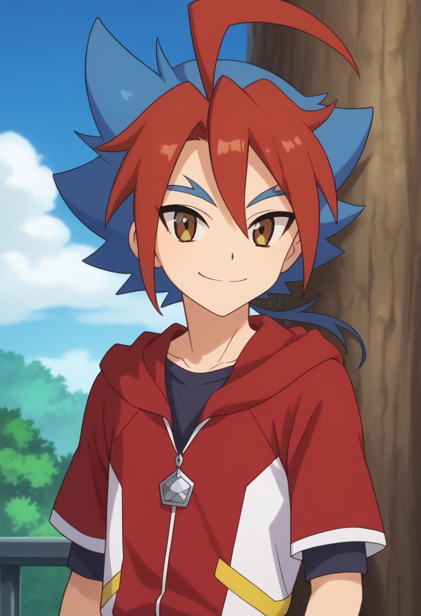 score_9, score_8_up, score_7_up, source_anime, highly detailed, 
yugamikado, male focus, 1boy, gloves, solo, blue hair, ahoge, ponytail, red hair, multicolored hair, two-tone hair, smile, spiked hair, hoodie, red hoodie, hood, zipper pull tab, bangs, brown eyes, looking at viewer, standing, short sleeves, shirt, black shirt, upper body, smile, portrait,
outdoor, sky, cloud, tree